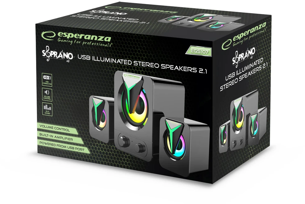 Kompiuterio kolonėlės EGS107 Esperanza garsiakalbiai 2.1 usb led vaivorykštinis sopranas
