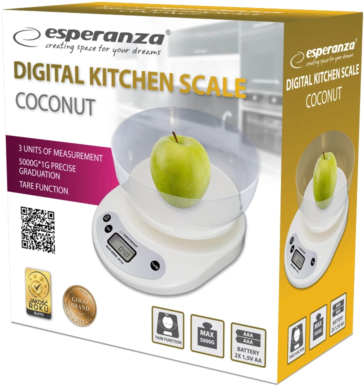 Virtuvinės svarstyklės Virtuvinė Skalė - Esperanza EKS007 5kg Talpa Taro Funkcija Elektroninė Balta