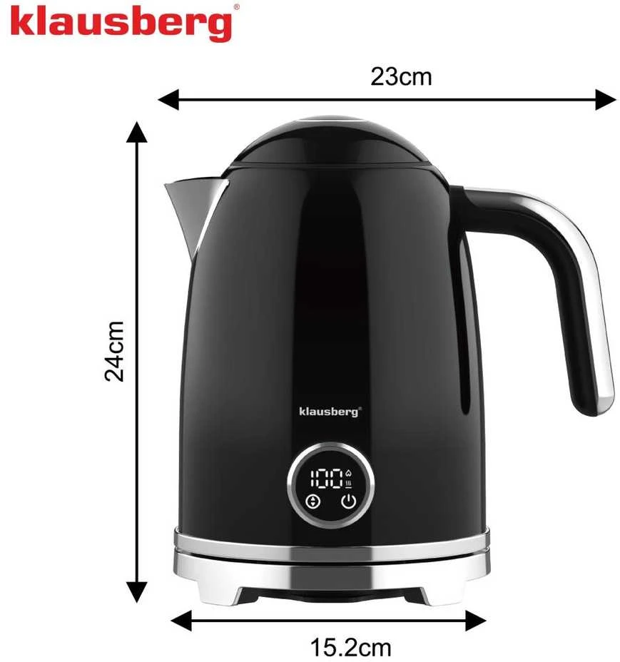Klausberg Virdulys, Elektrinis virdulys su retro termometru, LED skydeliu, juodas, 1,7 l