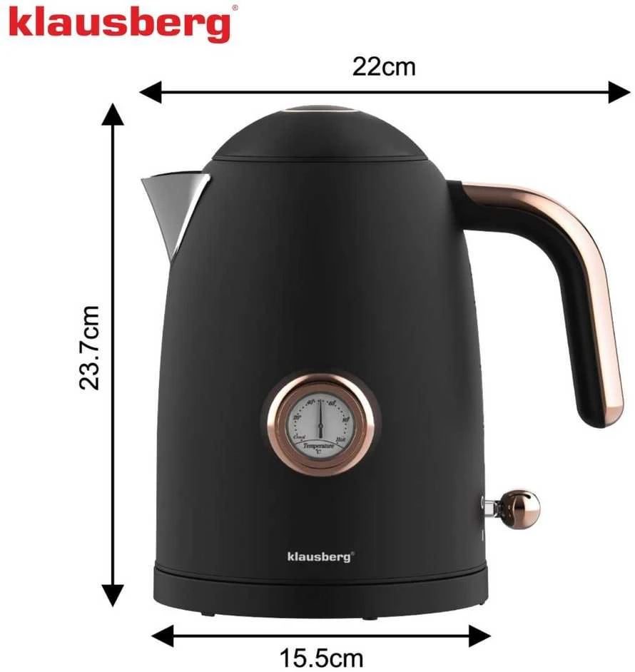 Klausberg Virdulys, Elektrinis virdulys su termometru, juodas, retro stiliaus, 304 plieno, 1,7 l