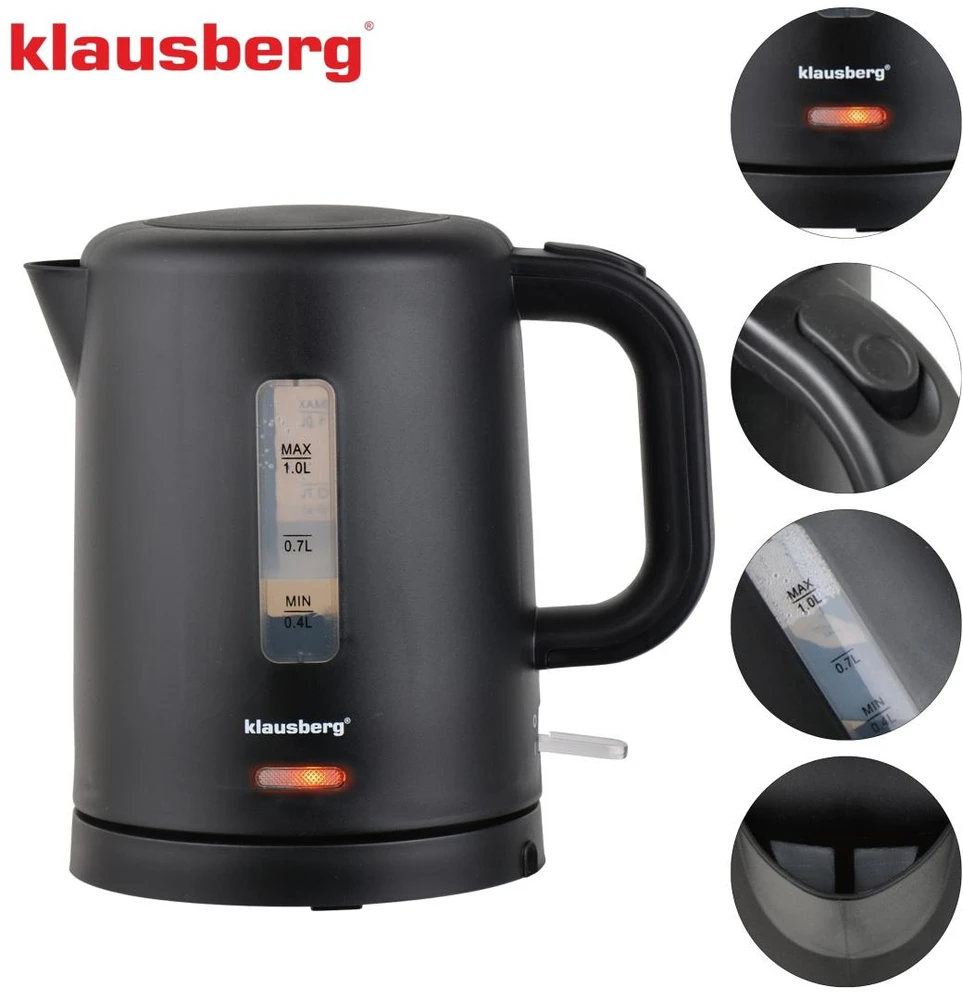 Elektrinis virdulys, turistinis, juoda, 1,0l, klausberg, kb-9046