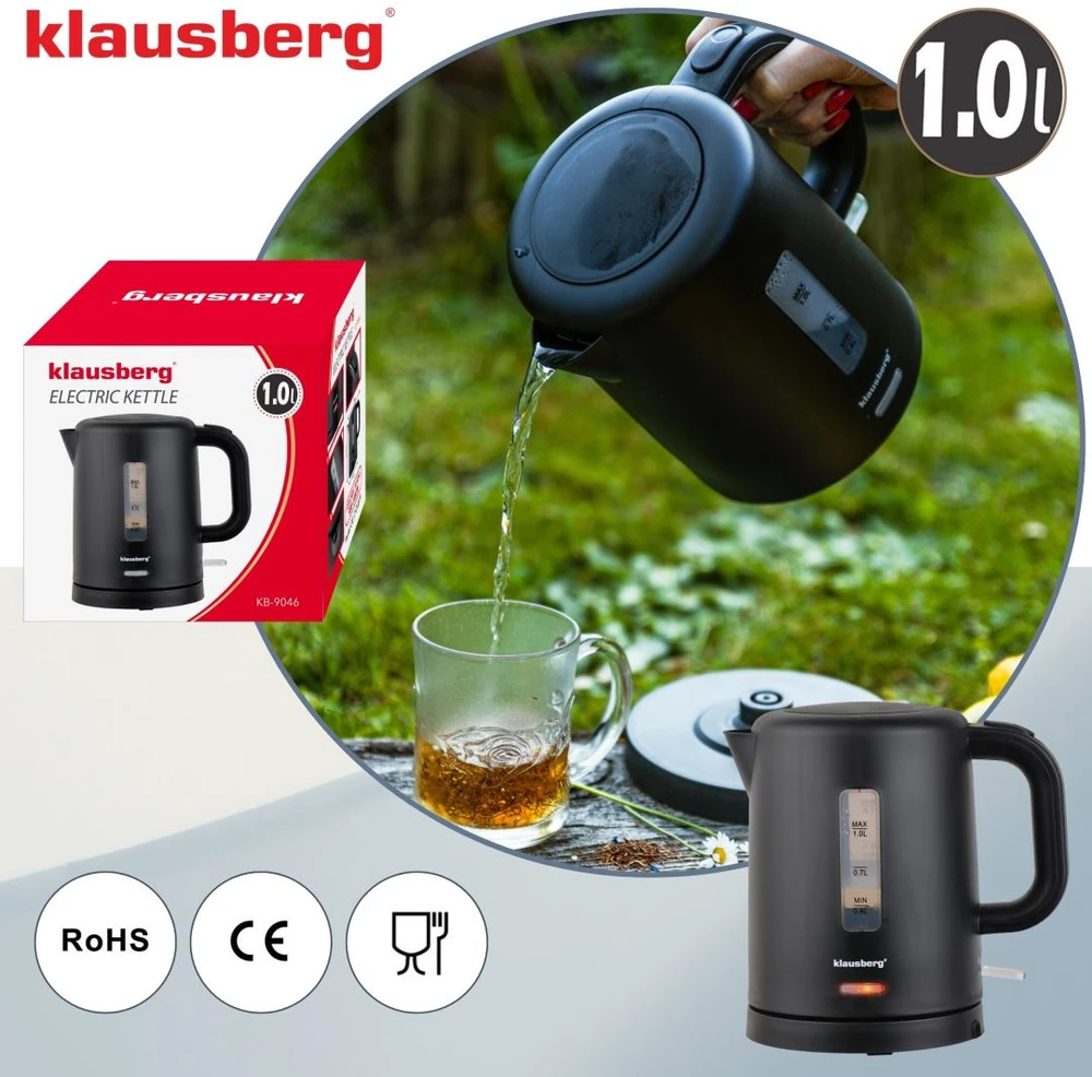 Elektrinis virdulys, turistinis, juoda, 1,0l, klausberg, kb-9046