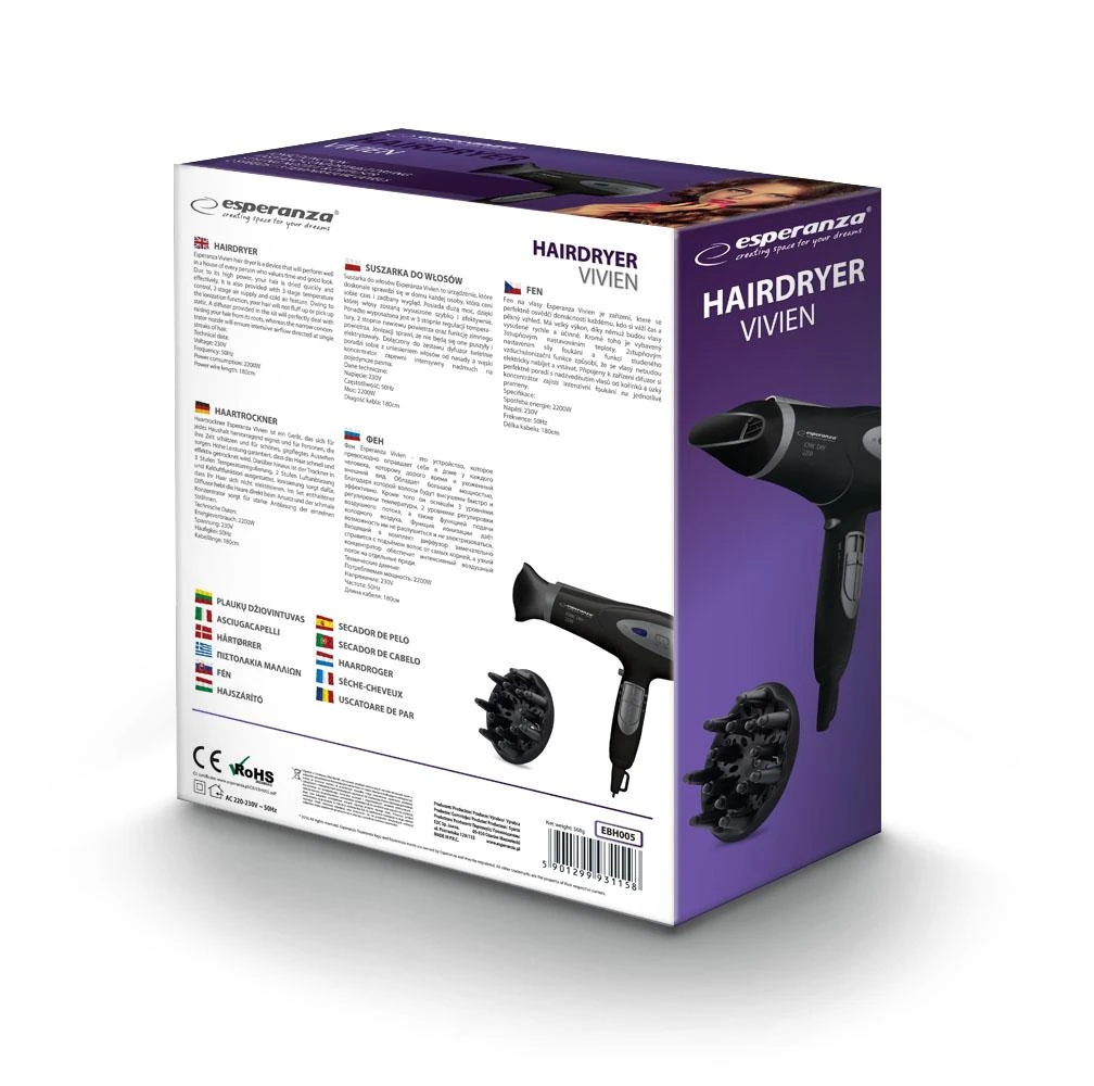 Plaukų džiovintuvas ESPERANZA HAIR DRYER 2200W IONIC VIVIEN EBH005K