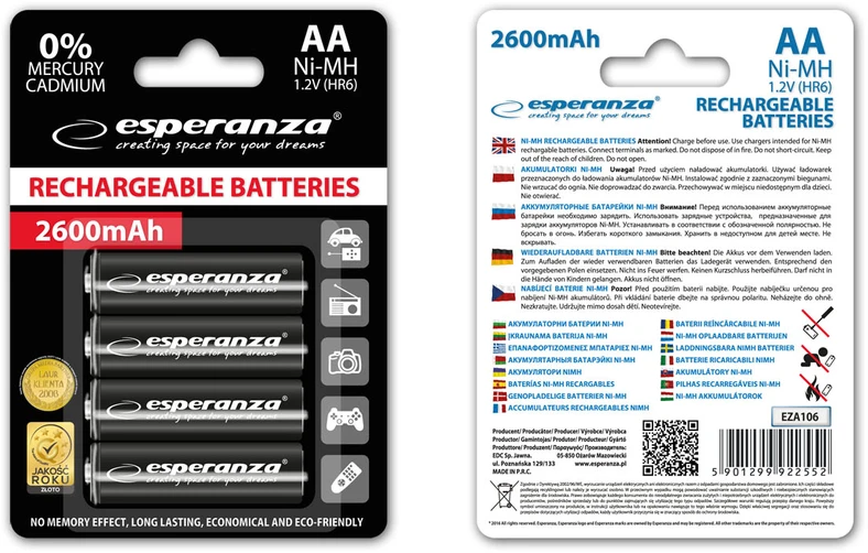 Esperanza AA Ni-MH baterijų pakuotė, 2600mAh