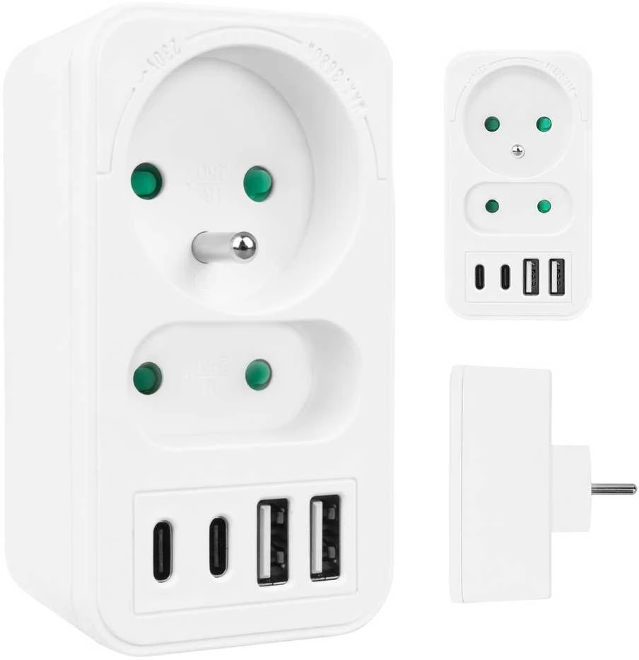 Srovės lizdai x2 + 4xUSB Maclean, skirstytuvas su 2 lizdais, 2xUSB A, 2xUSB C PD 20W, 1x16A + 1x6A, MCE249 F/W