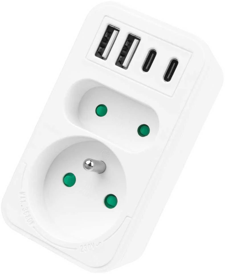 Srovės lizdai x2 + 4xUSB Maclean, skirstytuvas su 2 lizdais, 2xUSB A, 2xUSB C PD 20W, 1x16A + 1x6A, MCE249 F/W