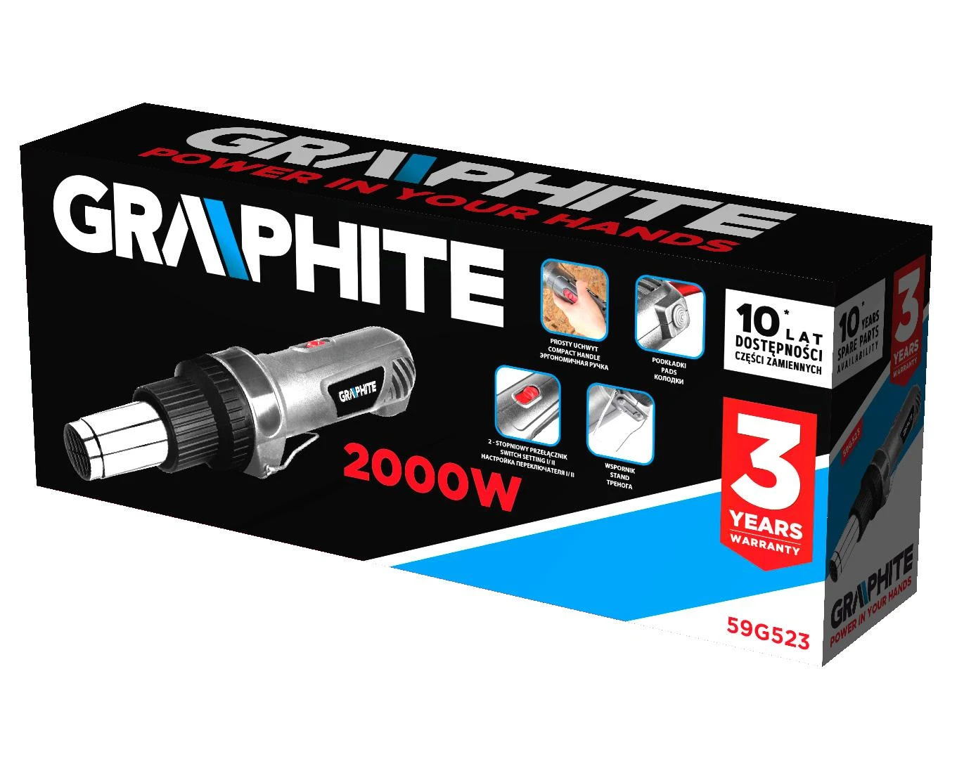 Opalarka techninis fenas 2000 W karšto oro pistoletas, temperatūros diapazonas: I: 350 °C, II: 550 °C, tiesi rankena
