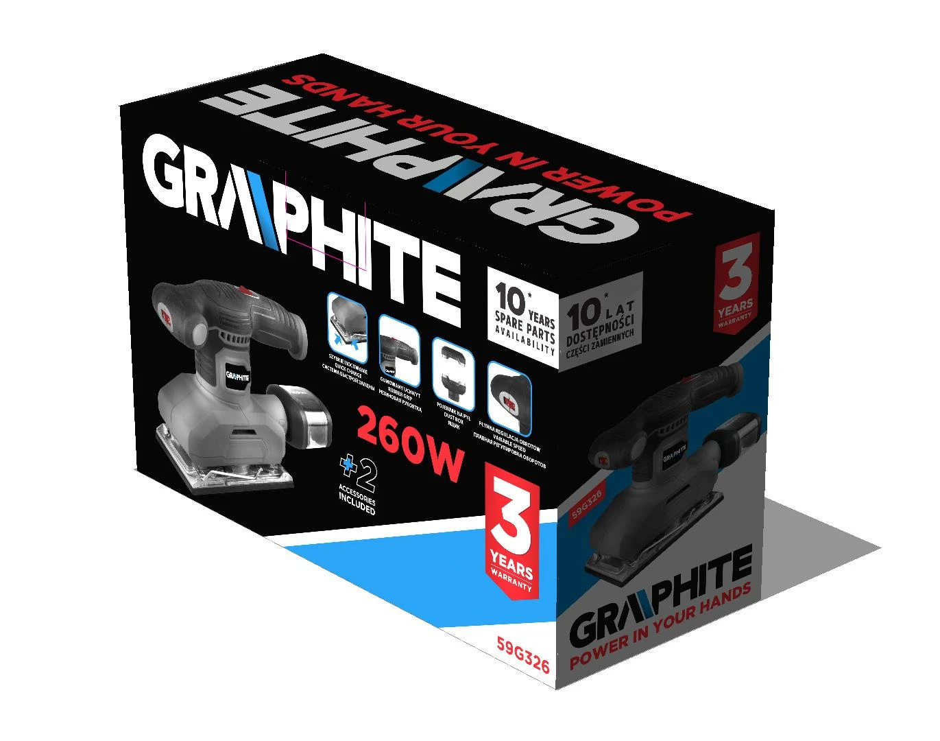 Graphite Šlifuoklis 260 W orbitinis šlifuoklis, 90 x 187 mm pagrindas