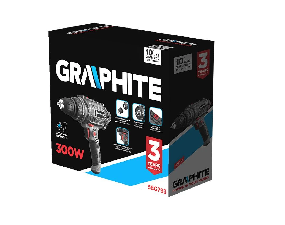 Graphite Wiertarko Wkretarka 300 W laidinis gręžtuvas-suktuvas, 10 mm savaime užsifiksuojantis griebtuvas, nešiojimo dėklas