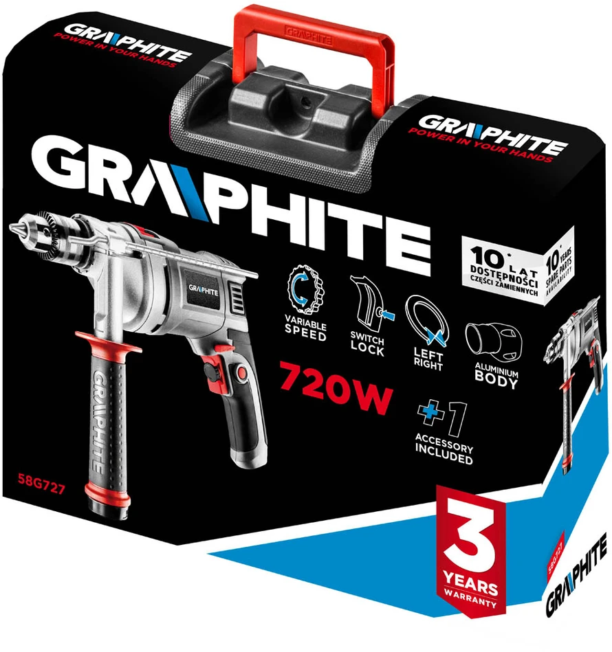 Graphite Grafitinis 58G727 SMŪGINIS GRĘŽTUVAS 720 W 3000 RPM Raktas
