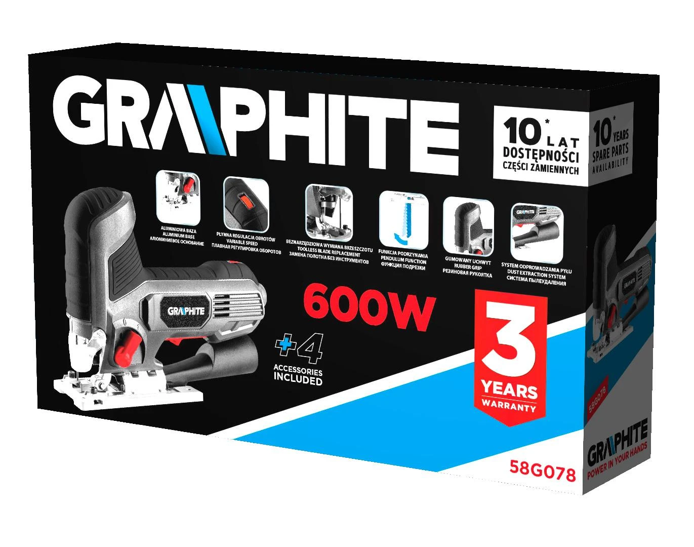 Graphite Wyrzynarka 600 W siaurapjūklis, eigos dažnis 800–3000 min-1, su korpuso formos rankena