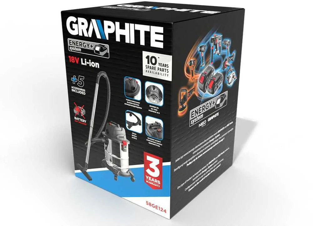 Graphite Dulkių siurblys „Energy+“ 18 V ličio jonų akumuliatorinis dirbtuvių dulkių siurblys, šlapiam ir sausam siurbimui, 20 l bakas, be akumuliatoriaus