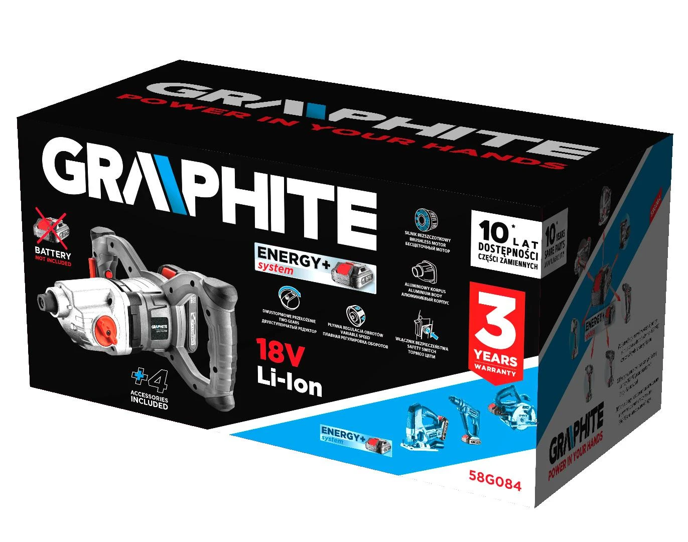 Graphite Mieszarka Bešepetis akumuliatorinis maišytuvas „Energy+ 18V“, greitis: I: 250–400 min-1, II: 350–650 min-1