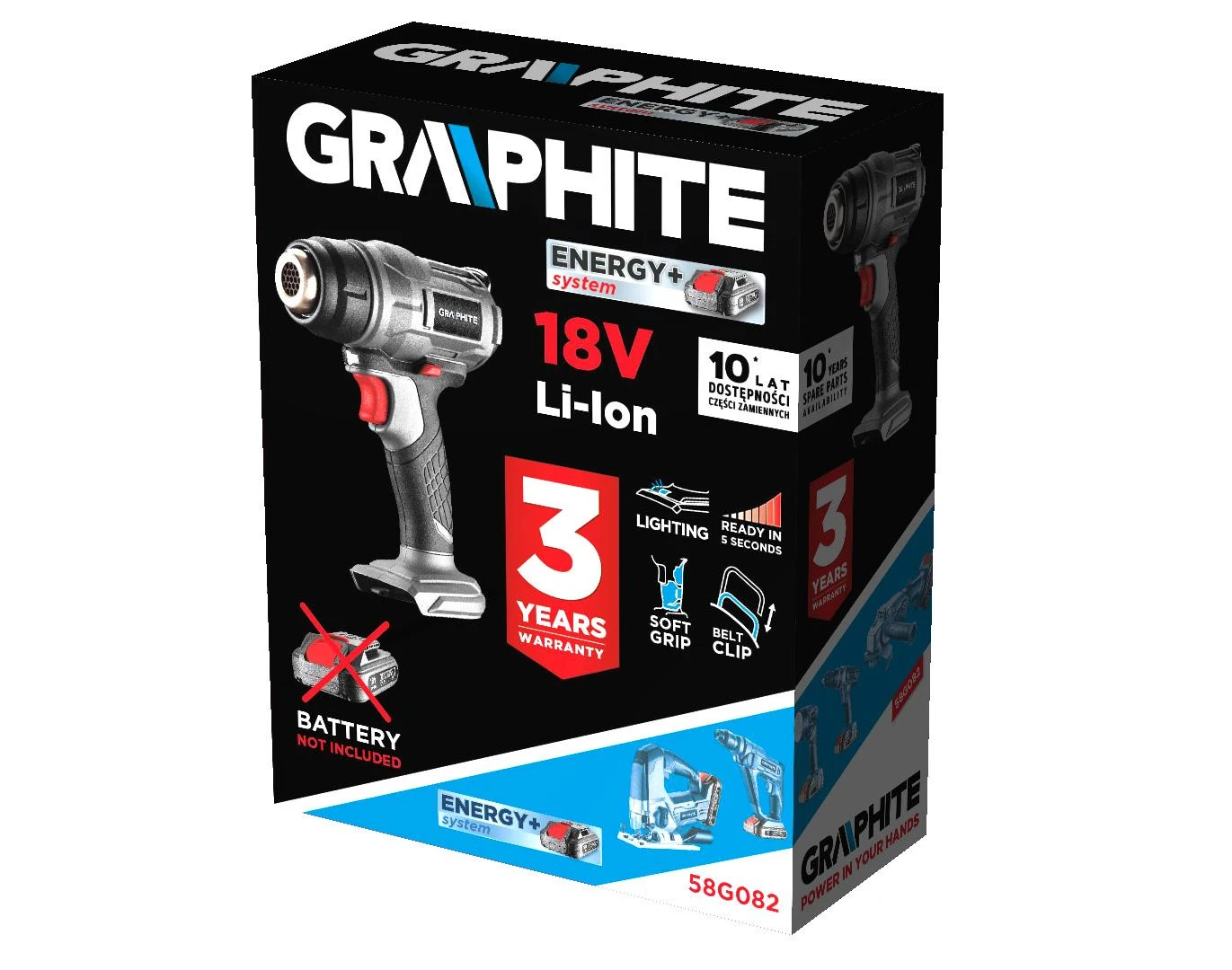 Graphite techninis fenas 18 V „Energy+“ akumuliatorinis karšto oro pistoletas, ličio jonų akumuliatorius, temperatūros diapazonas 550 °C, be akumuliatoriaus