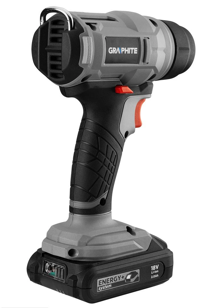 Graphite techninis fenas 18 V „Energy+“ akumuliatorinis karšto oro pistoletas, ličio jonų akumuliatorius, temperatūros diapazonas 550 °C, be akumuliatoriaus