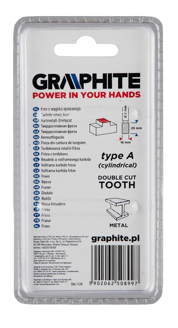 Graphite HM metalo pjaustytuvas, A tipas (cilindrinis), 16 x 25 mm, kotas 6 x 45 mm