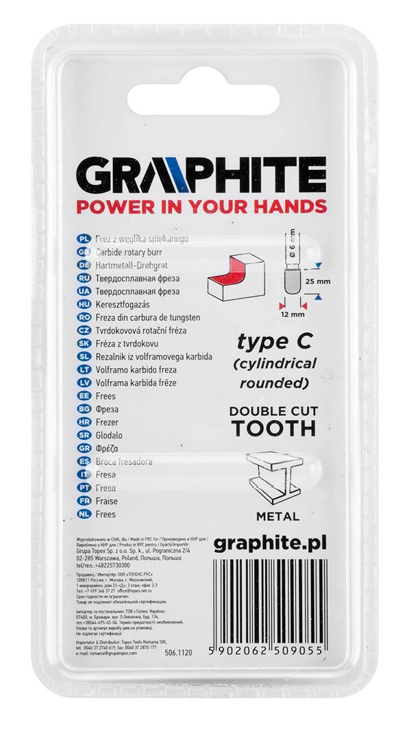 Graphite HM metalo pjaustytuvas, C tipas (cilindrinis suapvalintas), 12 x 25 mm, kotas 6 x 45 mm