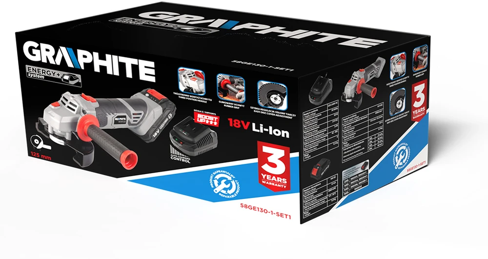 Graphite Kampinis šlifuoklis akumuliatorinė Energy+ 18V, 125mm + akumulator 2Ah + kroviklis