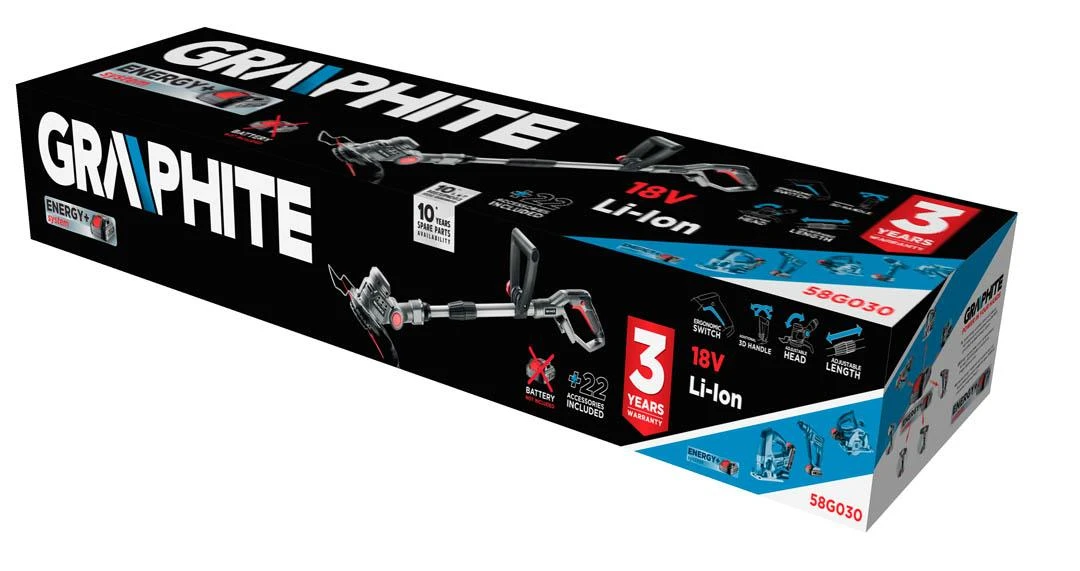 Akumuliatorinė žoliapjovė Graphite Energy+ 18V be akumuliatoriaus ir kroviklio (58G030)