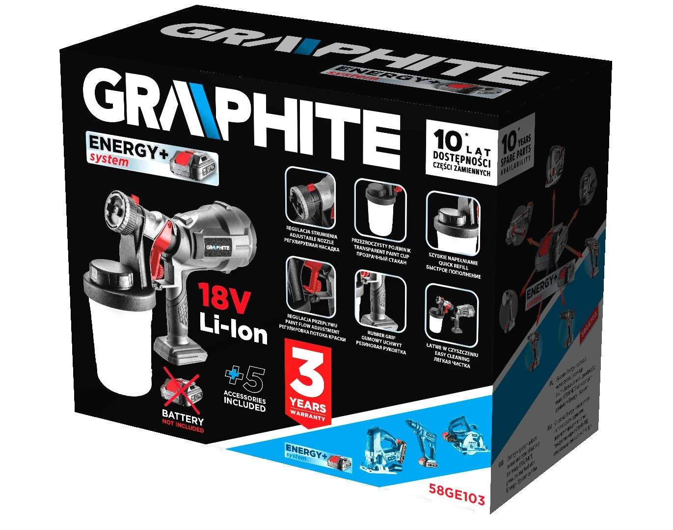 Graphite Pistolet Natryskowy HVLP Energy+ 18 V purškimo pistoletas, ličio jonų, be akumuliatoriaus
