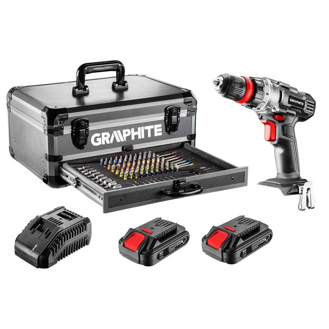 Akumuliatorinis gręžtuvas-suktuvas 18V su priedais GRAPHITE 58G022-PS15