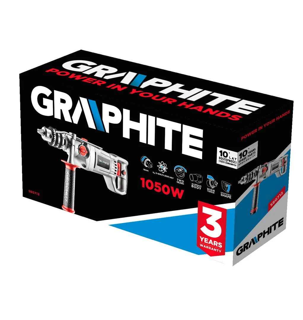 Graphite Gręžtuvas 1050 W smūginis gręžtuvas, 16 mm raktinis griebtuvas, greitis I: 0–900 min??, II: 0–2500 min??