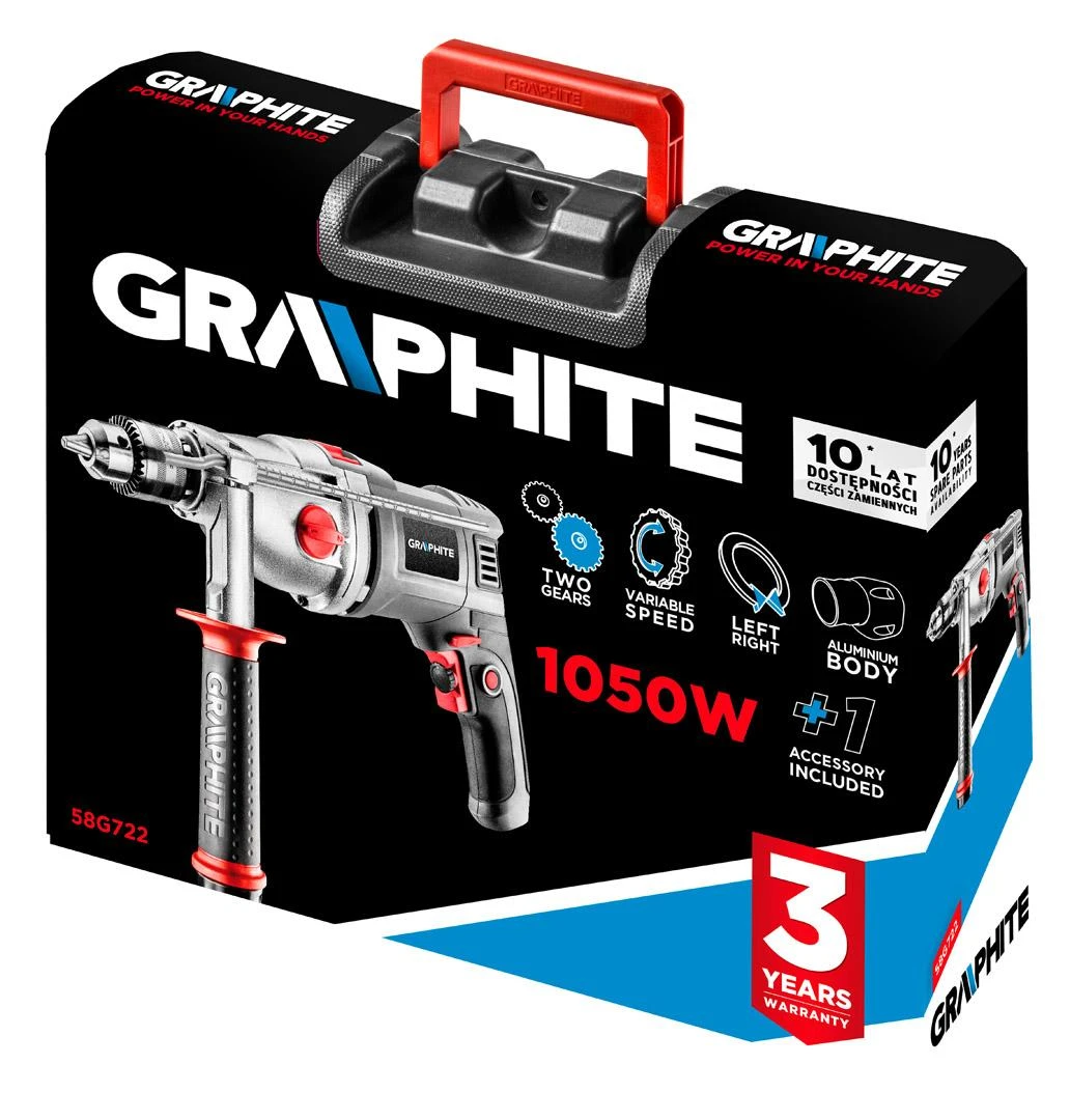 Graphite Grafitinis 58G722 smūginis gręžtuvas 1050 W 3000 RPM Raktas
