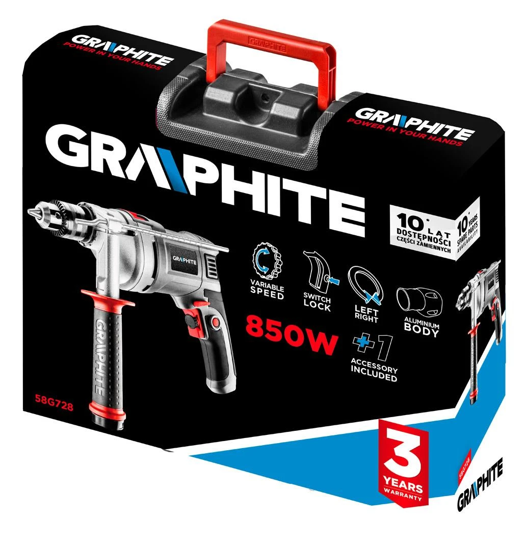 GRH Gręžtuvas 850 W smūginis gręžtuvas, 13 mm raktinis griebtuvas, greitis 0–3000 min-1, nešiojimo dėklas