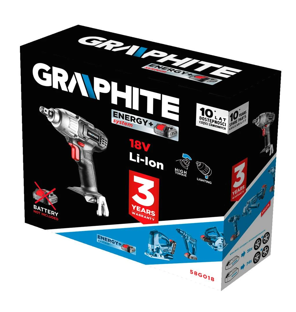 Graphite smūginis veržliasukis Energy+ 18V (58G018) be akumuliatoriaus ir kroviklio