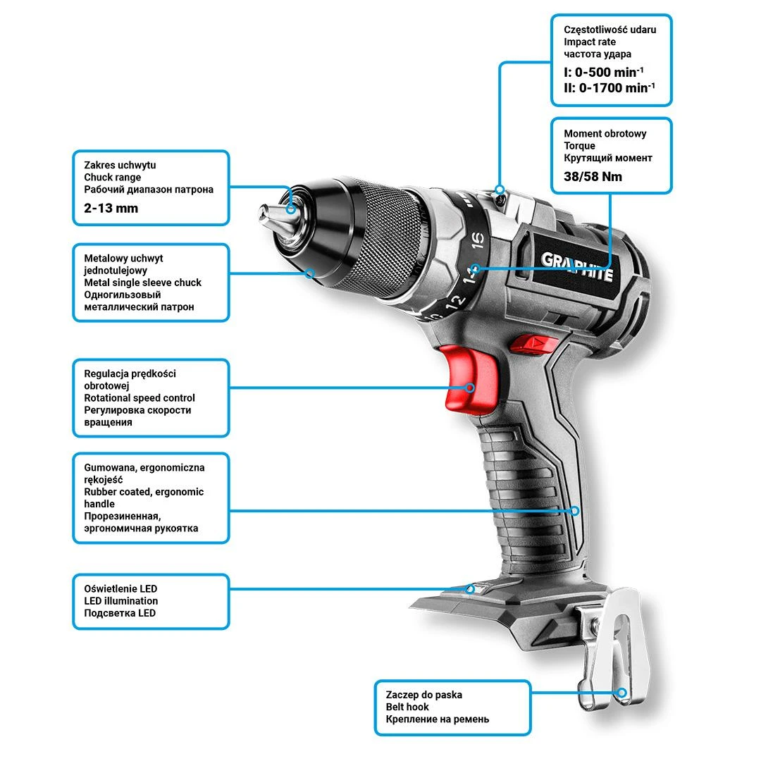 Suktuvas-gręžtuvas Graphite 58G019; 18 V (be akumuliatoriaus ir pakrovėjo)