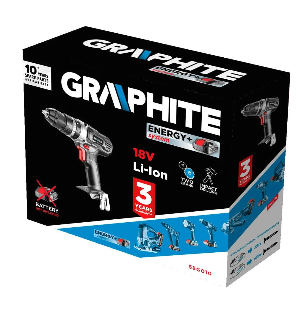 Smūginis Akumuliatorinis gręžtuvas - suktuvas GRAPHITE 58G010, 18V, be akumuliatoriaus ir kroviklio
