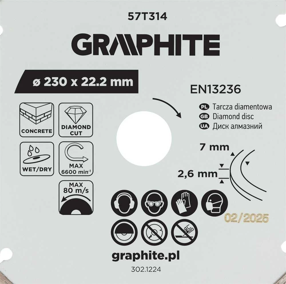 Graphite Tarcza Segmentuotas deimantinis pjovimo diskas, 230 x 22,2 mm, sausam ir šlapiam apdirbimui