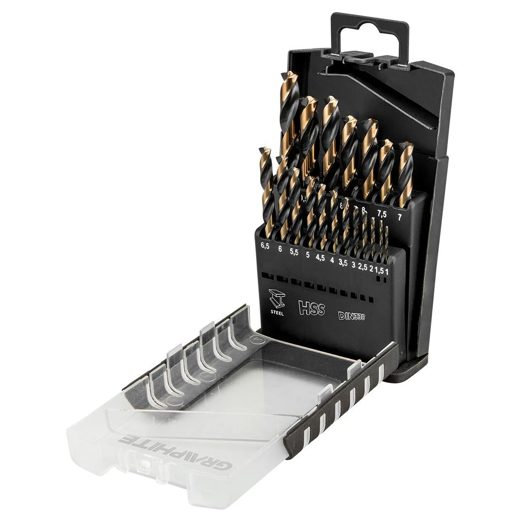 Grąžtas Graphite Wiertła HSS-CNC metalo grąžtai, 124°, „Pro-Tec“, 1,0–10,0 mm, 19 vnt. rinkinys