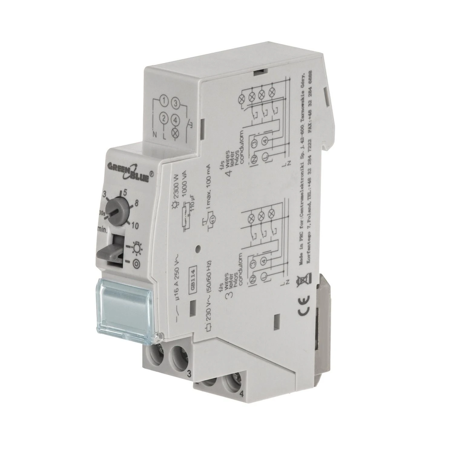 GreenBlue GB114 45780 Automatinis laiptinės apšvietimas DIN bėgeliui, reguliuojamas 30 s–10 m, maks. 2300 W