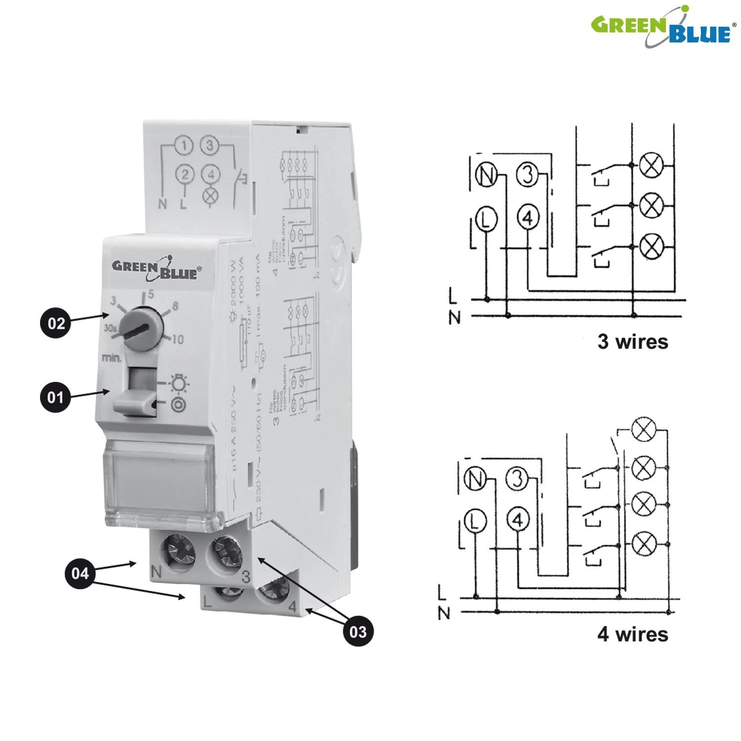 GreenBlue GB114 45780 Automatinis laiptinės apšvietimas DIN bėgeliui, reguliuojamas 30 s–10 m, maks. 2300 W