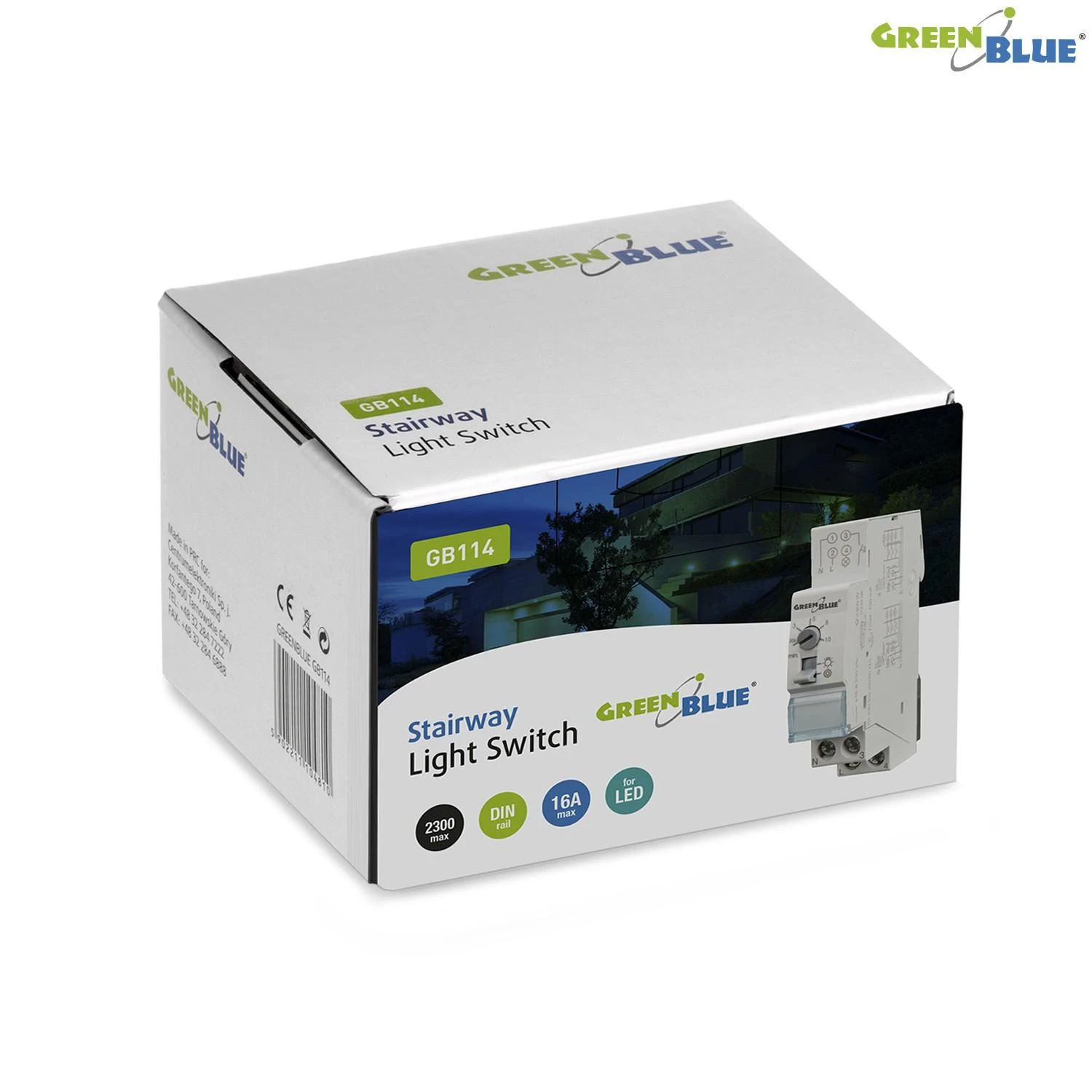 GreenBlue GB114 45780 Automatinis laiptinės apšvietimas DIN bėgeliui, reguliuojamas 30 s–10 m, maks. 2300 W