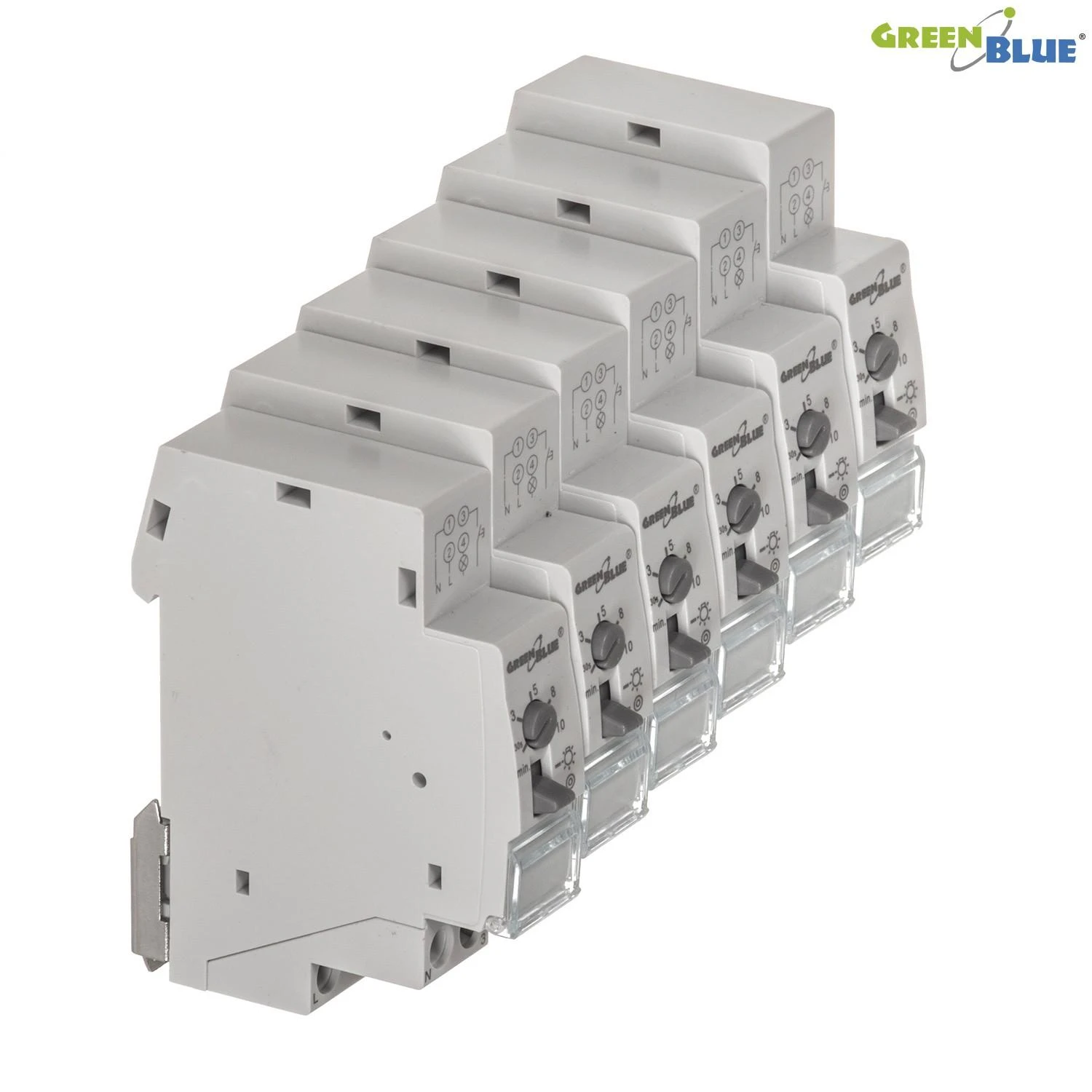GreenBlue GB114 45780 Automatinis laiptinės apšvietimas DIN bėgeliui, reguliuojamas 30 s–10 m, maks. 2300 W