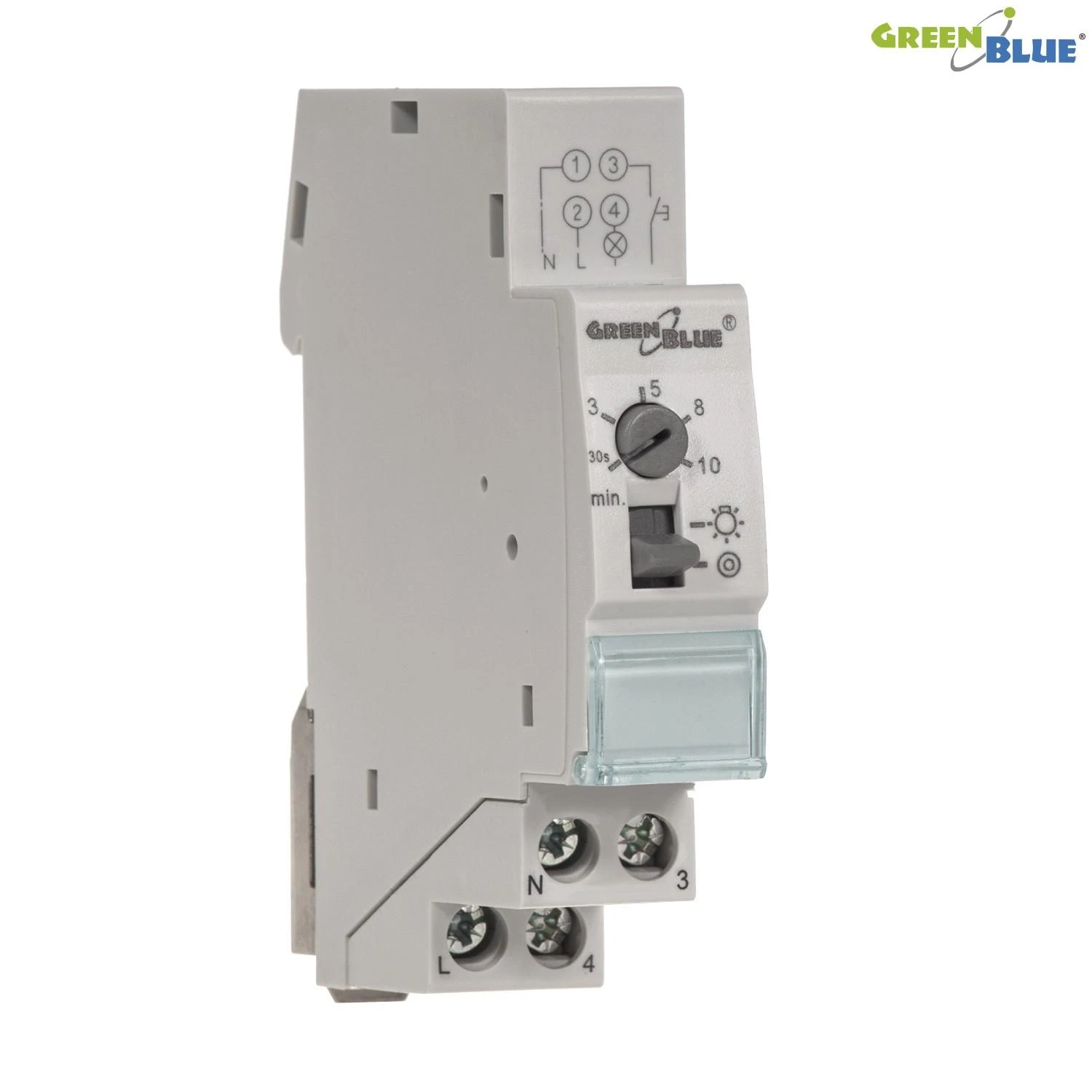 GreenBlue GB114 45780 Automatinis laiptinės apšvietimas DIN bėgeliui, reguliuojamas 30 s–10 m, maks. 2300 W