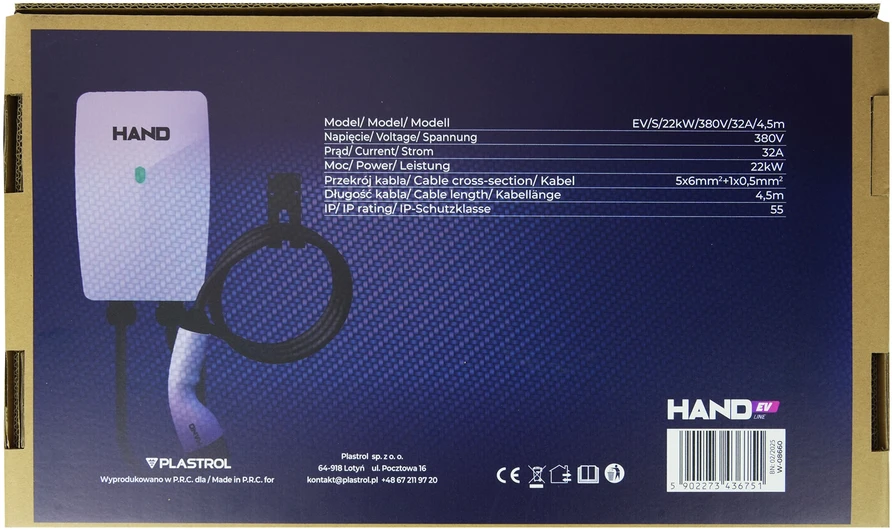 Hand Ev Įkroviklis samochodowa ścienna type 2; 22kw; 380v; 32a; ip55; dł przewodu 4,5mb