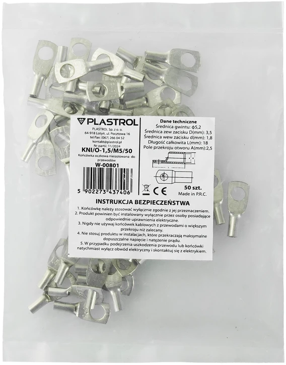 HAND Końcówka oczkowa nieizolowana do przewodów 1,5mm2; m5; 50szt