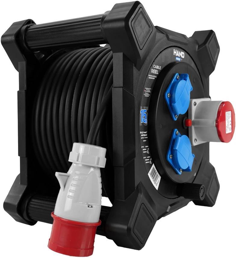 Hand Power Przedłużacz bębnowy kwadratowy linija hand pwr; 4p+su; 2x2p+su; ip44; 16a;400v; h07rn-f; 5×2,5; 15m;schuko; juoda