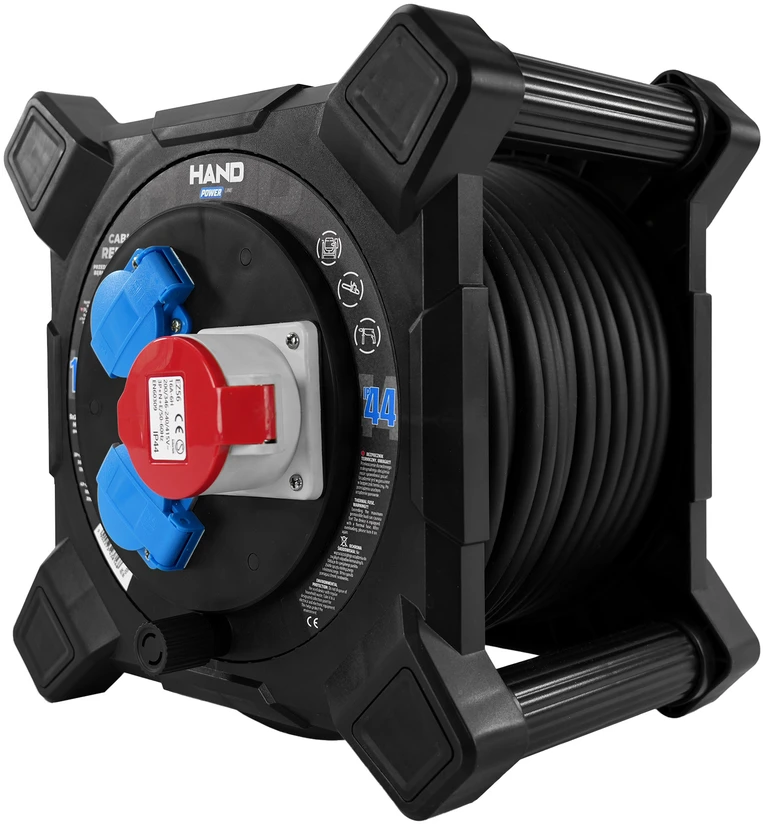 Hand Power Būgninis prailgintuvas kvadratinis linija hand pwr; 4p+su; 2x2p+su; ip44; 16a;400v; h07rn-f; 5×2,5; 15m; juoda