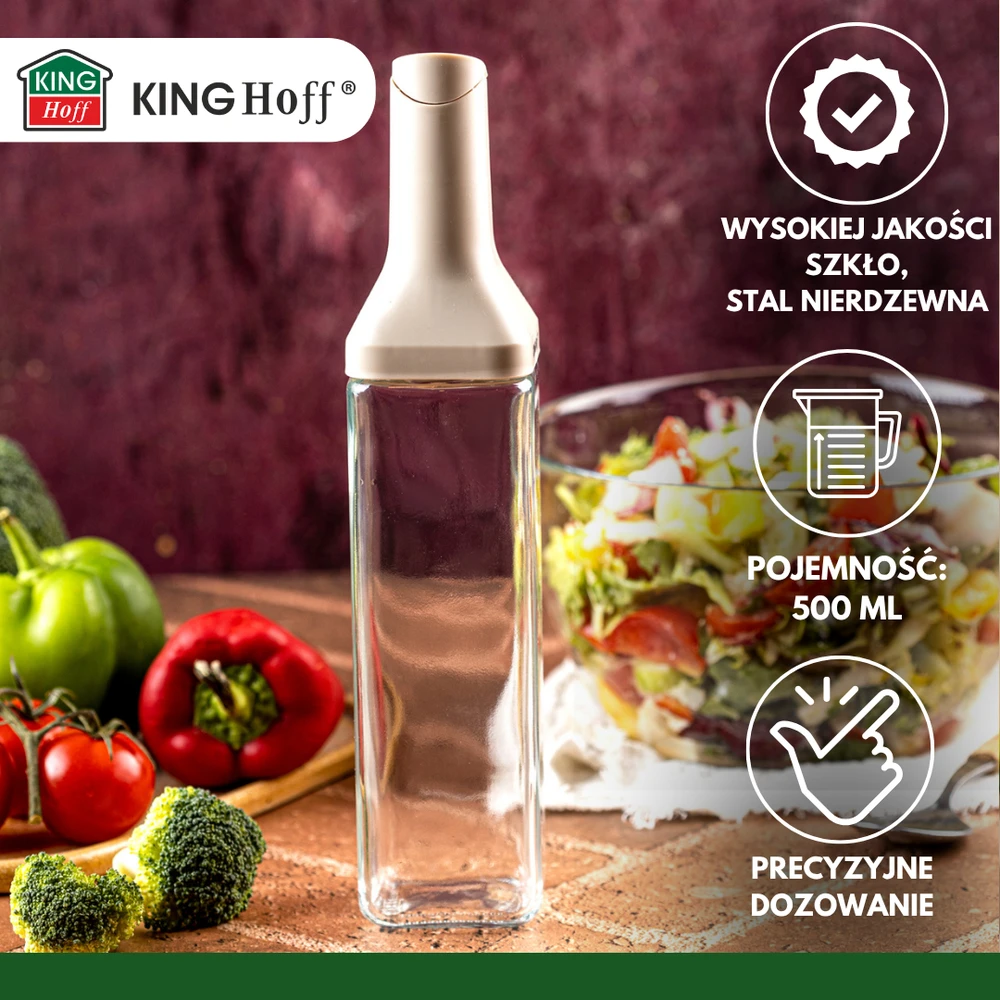 King Hoff Buteliukas Butelis su pilstymo antgaliu 500 ml aliejui ir actui, stiklinis, kinghoff, kh-2004