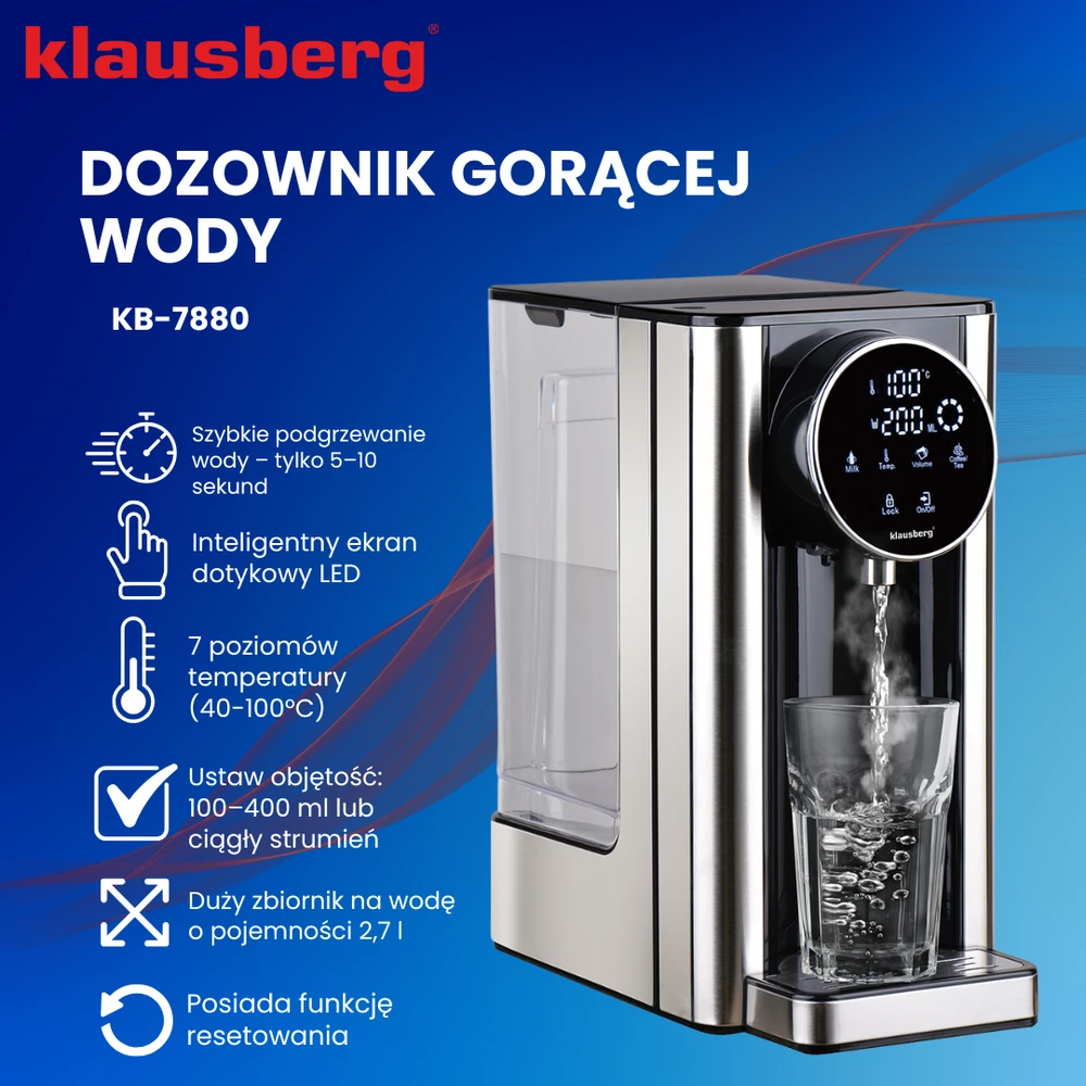 Dozownik Karšto vandens dozatorius, dozatorius, LED jutiklinis skydelis, temperatūros ir tūrio valdymas, 2,7 l, Klausberg, kb-7880