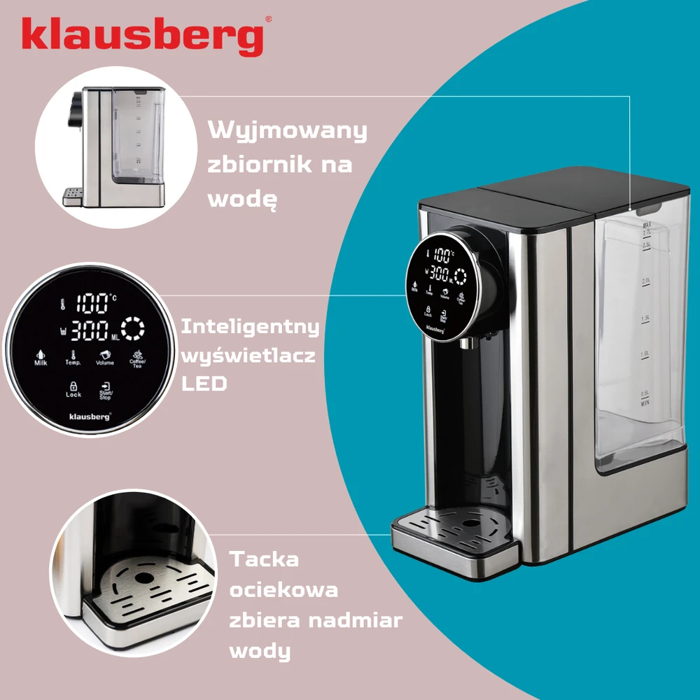 Dozownik Karšto vandens dozatorius, dozatorius, LED jutiklinis skydelis, temperatūros ir tūrio valdymas, 2,7 l, Klausberg, kb-7880