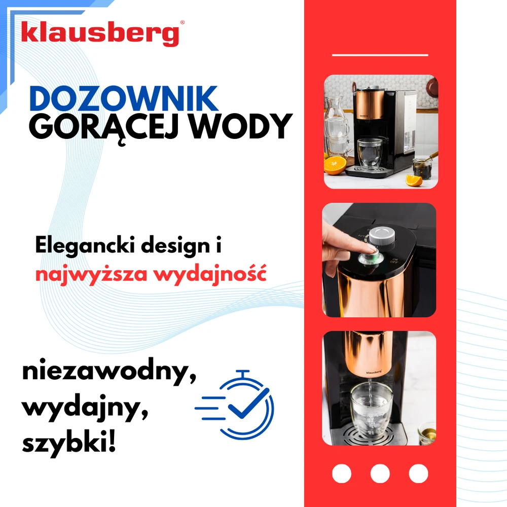 Dozownik Karšto vandens dozatorius, temperatūros reguliavimas 45–100 °C, juodas su rožinio aukso spalvos, 2,2 l, Klausberg, kb-7879