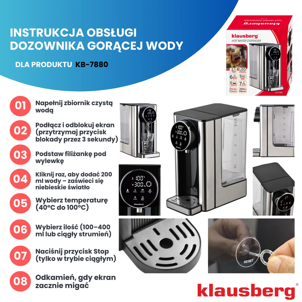 Dozownik Karšto vandens dozatorius, dozatorius, LED jutiklinis skydelis, temperatūros ir tūrio valdymas, 2,7 l, Klausberg, kb-7880