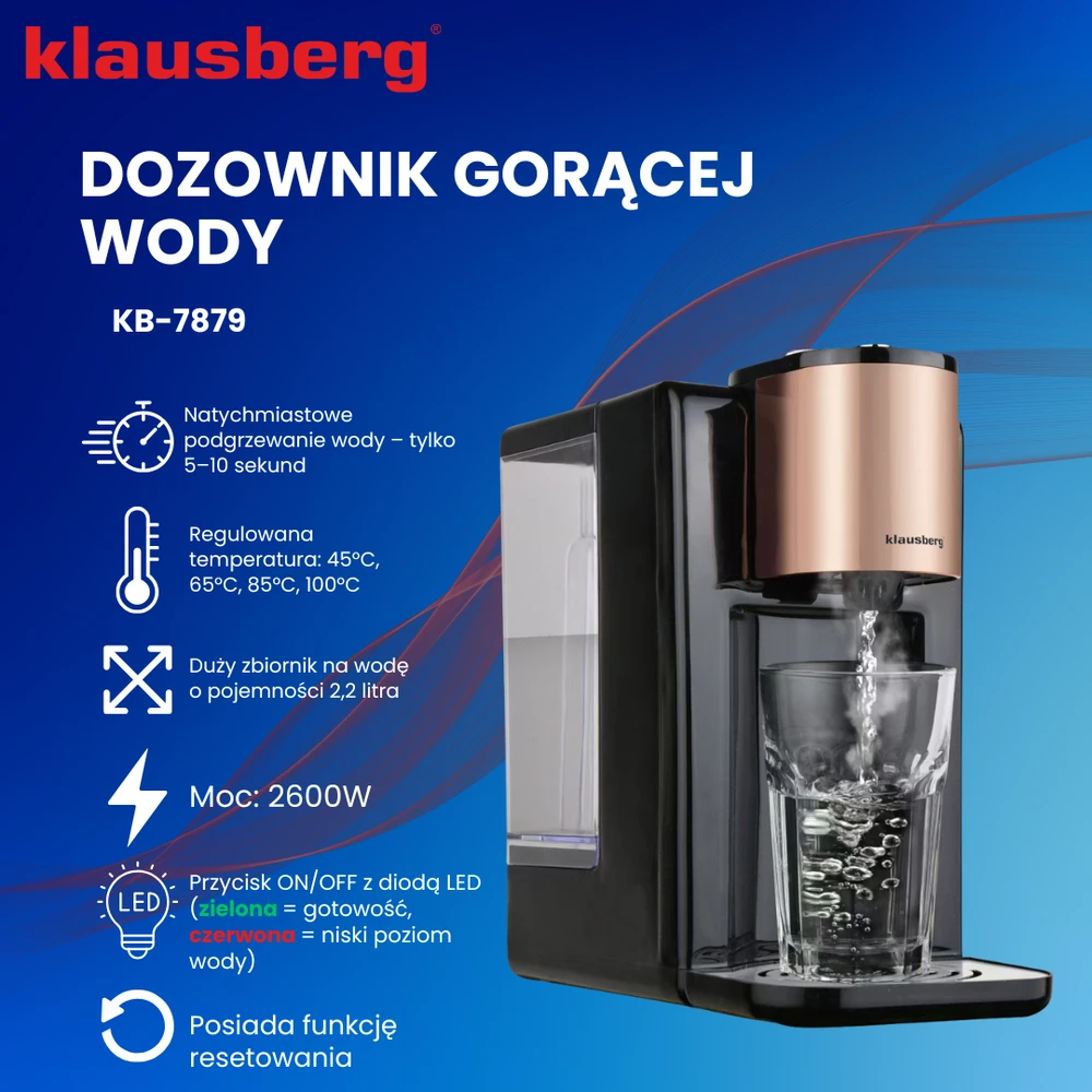 Dozownik Karšto vandens dozatorius, temperatūros reguliavimas 45–100 °C, juodas su rožinio aukso spalvos, 2,2 l, Klausberg, kb-7879