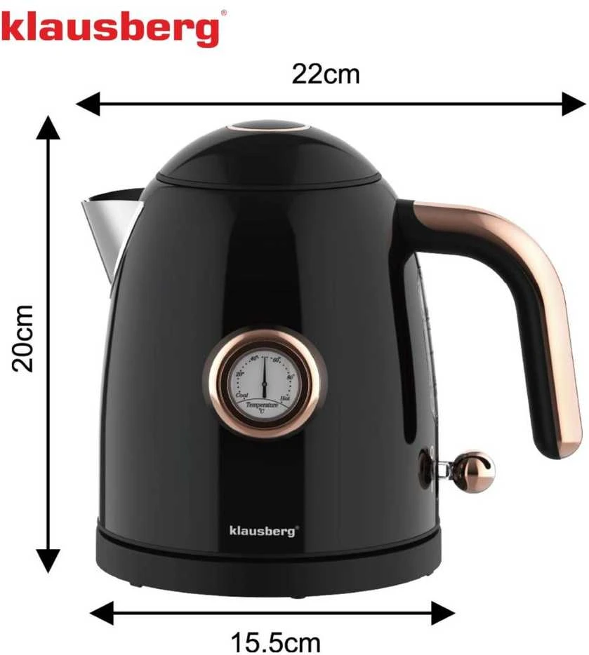 Virdulys, Elektrinis virdulys su termometru, nerūdijančio plieno, juodas, 1,0 l, 1200 W, Klausberg, kb-9017