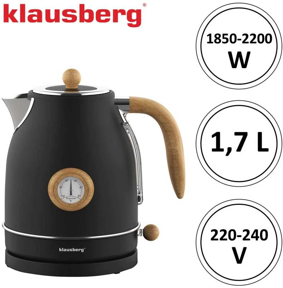 Virdulys, Elektrinis virdulys su termometru, nerūdijančio plieno, juodas su mediena, 1,7 l, 1850–2200 W, klausberg, kb-7907